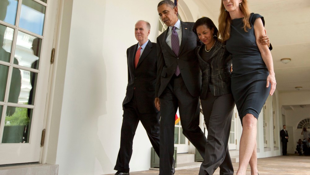 President Barack Obama walks with, from left, current National Security Adviser Tom Donilon, who is resigning, UN Ambassador Susan Rice, his choice to be his next National Security Adviser, and Samantha Power, his nominee to be the next UN Ambassador,...