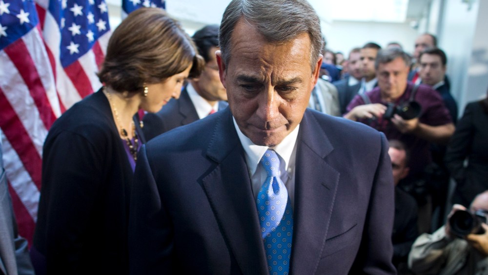 House Speaker John Boehner walks away from the microphone during a news conference after a House GOP meeting on Capitol Hill, Tuesday, Oct. 15, 2013, in Washington.