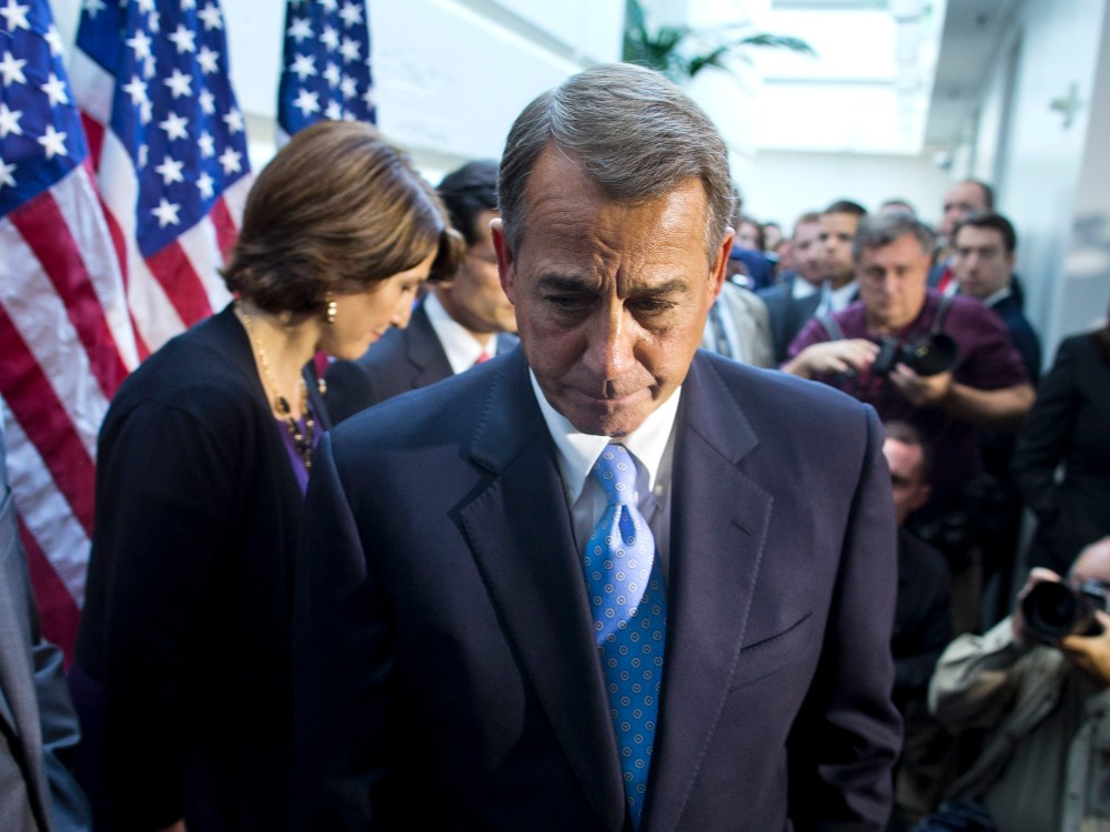House Speaker John Boehner walks away from the microphone during a news conference after a House GOP meeting on Capitol Hill, Tuesday, Oct. 15, 2013, in Washington.