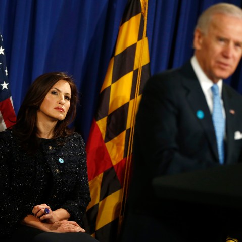 Actress Mariska Hargitay listens as Vice President Joe Biden speaks about reducing domestic violence, Wednesday, March 13, 2013, at the Montgomery County, Md.
