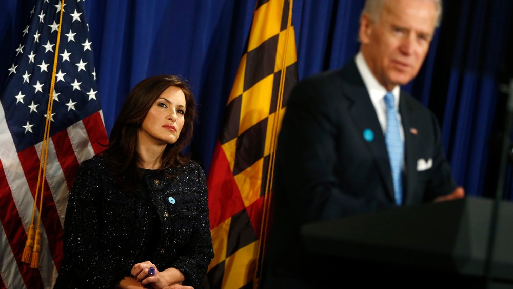 Actress Mariska Hargitay listens as Vice President Joe Biden speaks about reducing domestic violence, Wednesday, March 13, 2013, at the Montgomery County, Md.