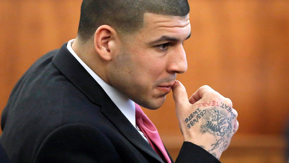 Former New England Patriots NFL football player Aaron Hernandez is seated during his murder trial, April 2, 2015, in Fall River, Mass. (Photo by Steven Senne/Pool/AP)
