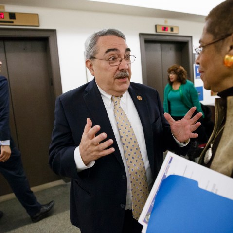 Rep. G. K. Butterfield speaks with Del. Eleanor Holmes Norton as members of the Congressional Black Caucus emerge from a meeting on Capitol Hill, Nov. 19, 2014, after selecting Butterfield to lead the CBC. (Photo by J. Scott Applewhite/AP)