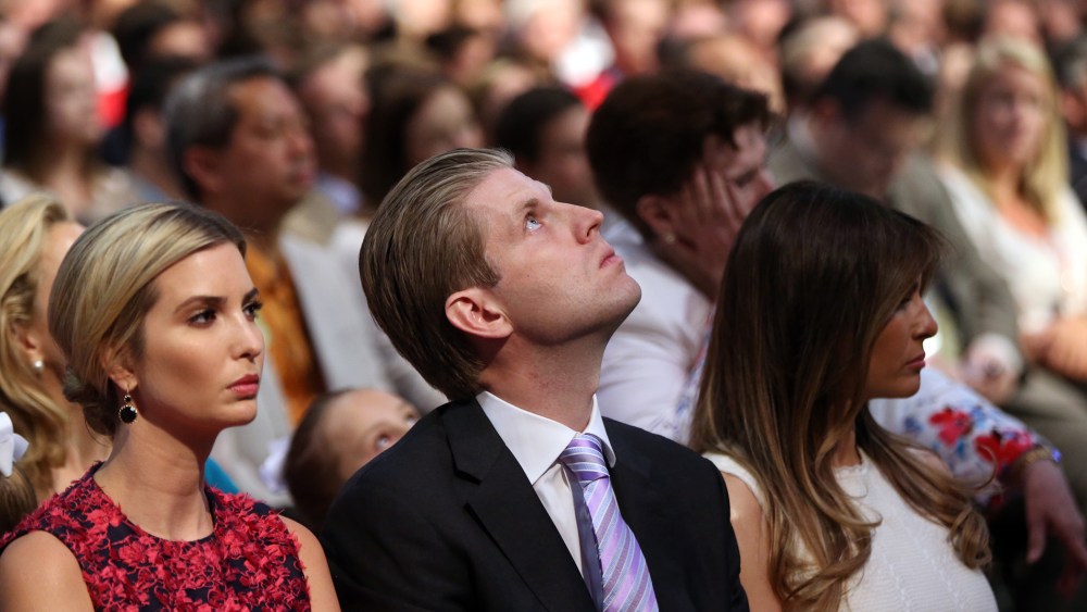 Donald Trump's daughter Ivanka Trump, son Eric Trump and wife Melania Knauss watch the first Republican presidential debate at the Quicken Loans Arena, Aug. 6, 2015, in Cleveland. (Photo by Andrew Harnik/AP)