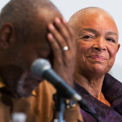 Camille Cosby watches her husband Bill Cosby pause during a news conference on Nov. 6, 2014. (Evan Vucci/AP)
