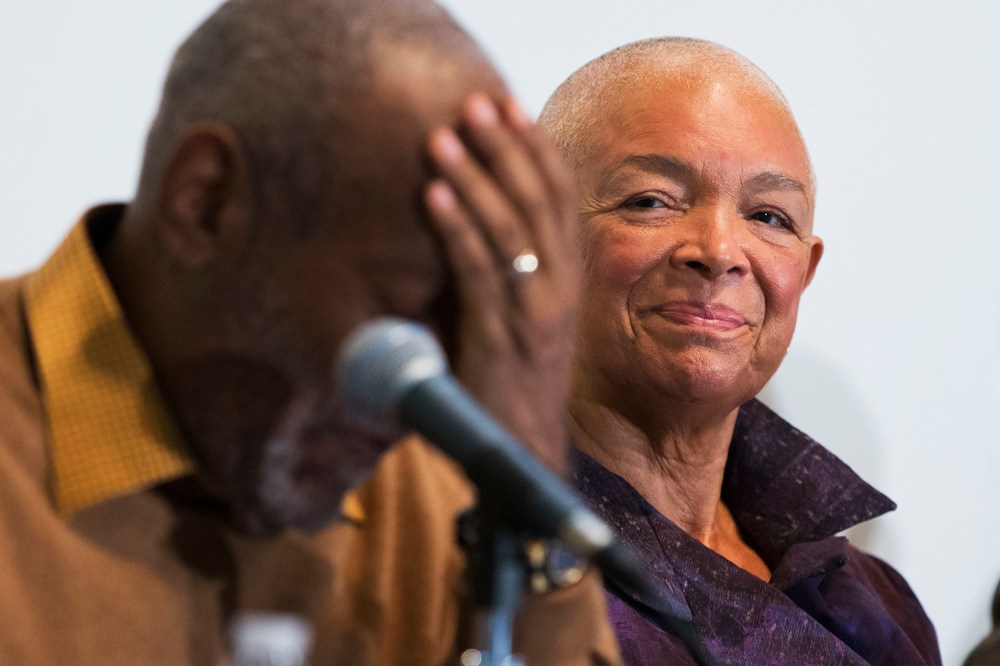 Camille Cosby watches her husband Bill Cosby pause during a news conference on Nov. 6, 2014. (Evan Vucci/AP)