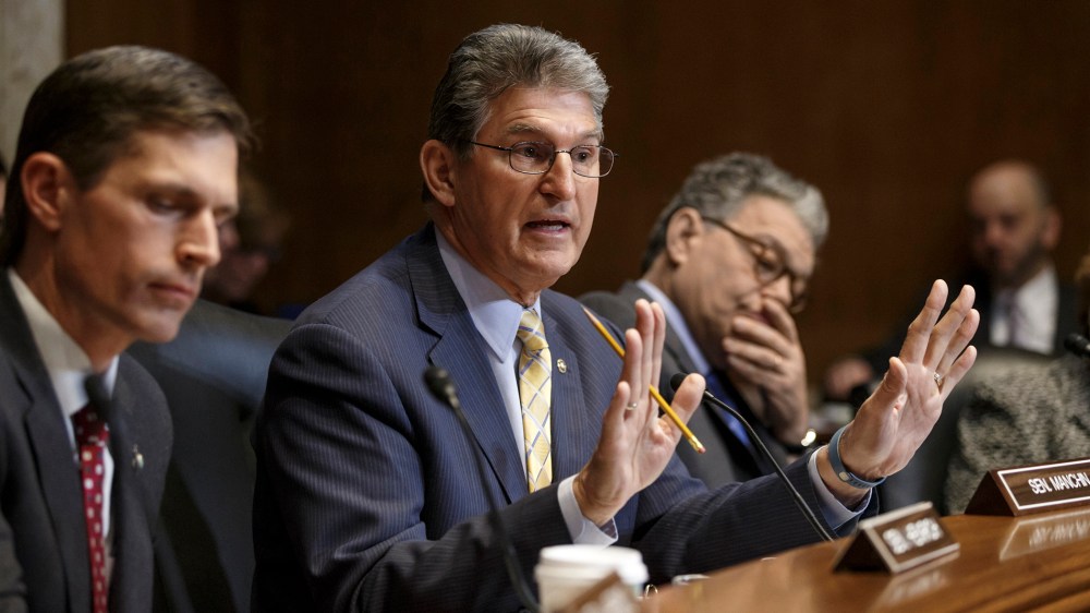 Sen. Joe Manchin, D-W.V., a Democratic sponsor of the Keystone XL pipeline bill, makes his plea at the Senate Energy and Natural Resources Committee markup on the controversial project, Jan. 8, 2015, on Capitol Hill. (AP Photo/J. Scott Applewhite)