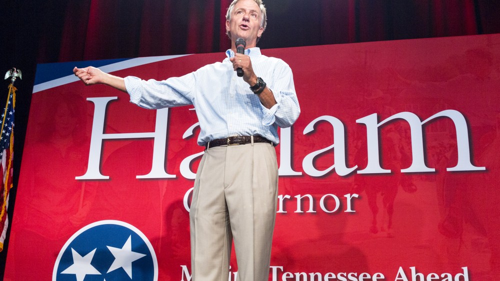 Tennessee Gov. Bill Haslam speaks at the launch of his re-election campaign at the Loveless Cafe in Nashville, Tenn., May 31, 2014.