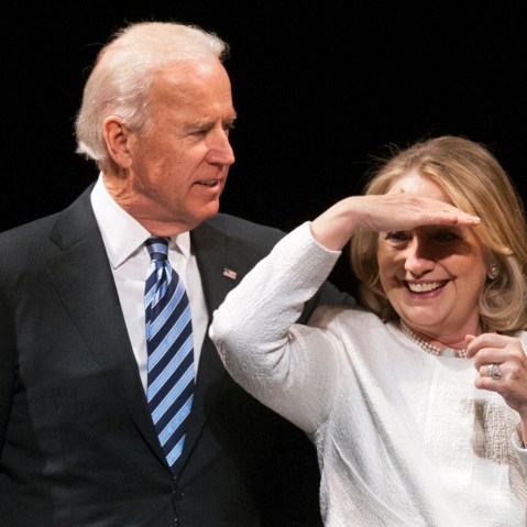 Vice President Joe Biden and former Secretary of State Hillary Rodham Clinton appear onstage at the Vital Voices Global Partnership 2013 Global Leadership Awards gala at the Kennedy Center for the Performing Arts in Washington, Tuesday, April 2, 2013. ...