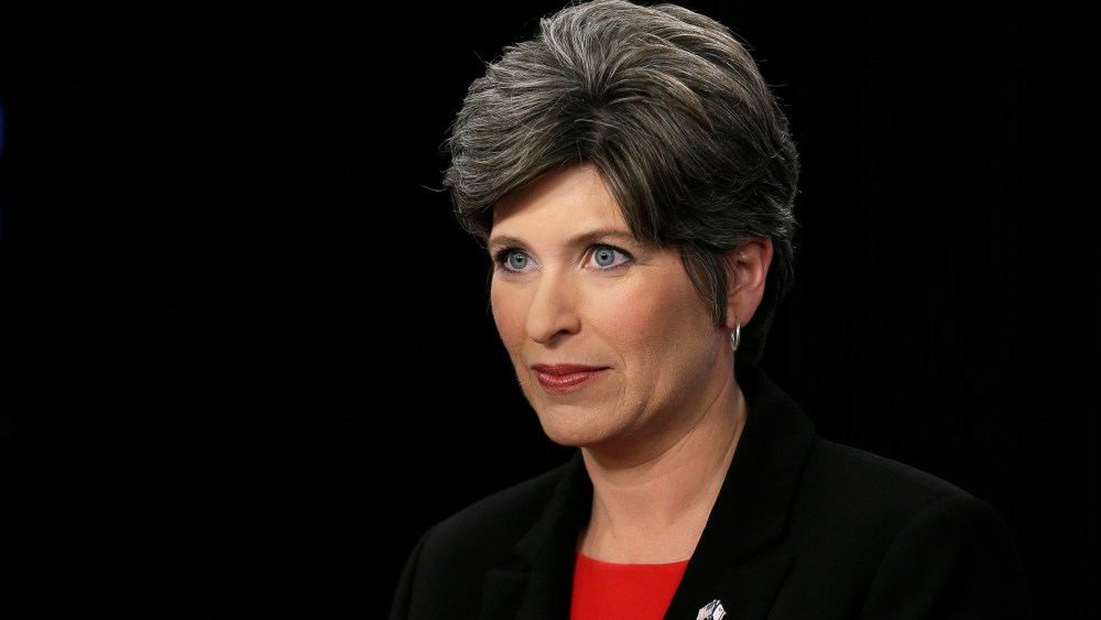 Iowa Republican senatorial candidate State Sen. Joni Ernst looks on during a break in live televised debate at KCCI-TV studios, May 29, 2014, in Des Moines, Iowa.