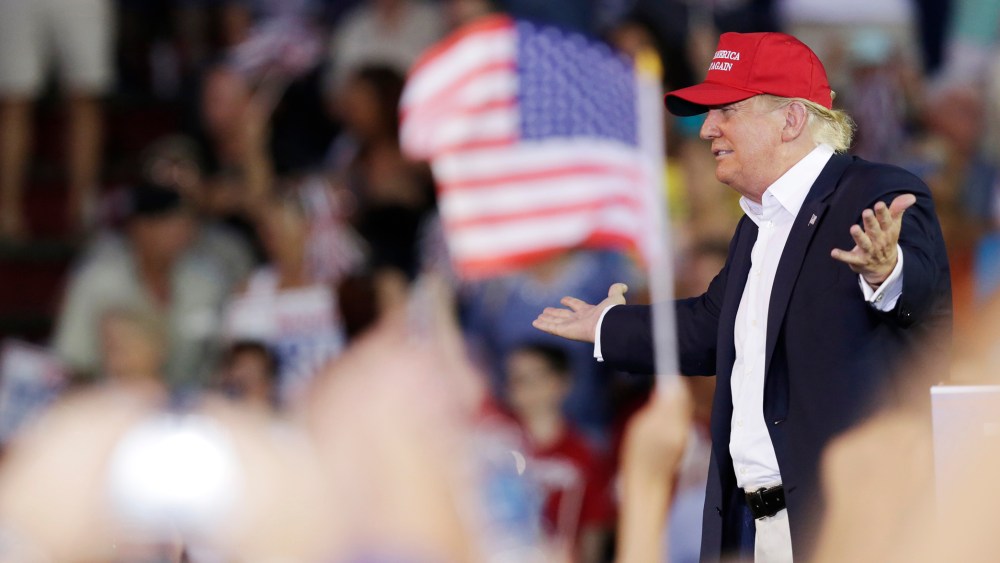 Republican presidential candidate Donald Trump speaks during a campaign pep rally, Aug. 21, 2015, in Mobile, Ala. (Photo by Brynn Anderson/AP)