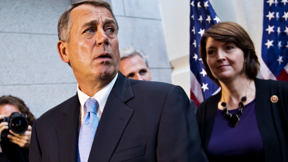 Speaker of the House John Boehner with House House GOP leaders, speaks with reporters following a Republican strategy session, at the Capitol on Oct. 15, 2013.