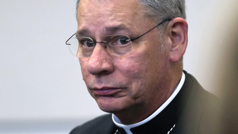 Bishop Robert Finn of the Diocese of Kansas City-St. Joseph appears during a bench trial on Sept. 6, 2012 at the Jackson County Courthouse in Kansas City, Mo. (Photo by Tammy Ljungblad/The Kansas City Star/AP)