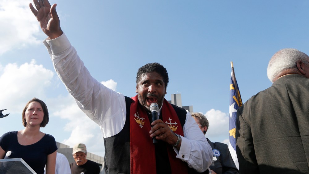 The Rev. William Barber speaks during "Moral Monday" protests on Halifax Mall, July 22, 2013, in Raleigh, N.C.