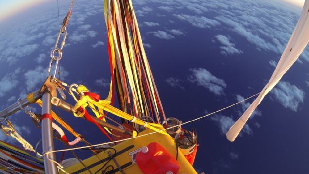 In Jan. 26, 2015 photo provided by the Two Eagles Balloon Team, Troy Bradley of New Mexico and Leonid Tiukhtyaev of Russia set off from Saga, Japan, in their quest to pilot the helium-filled balloon from Japan to North America. (Photo by Troy Bradley/AP)