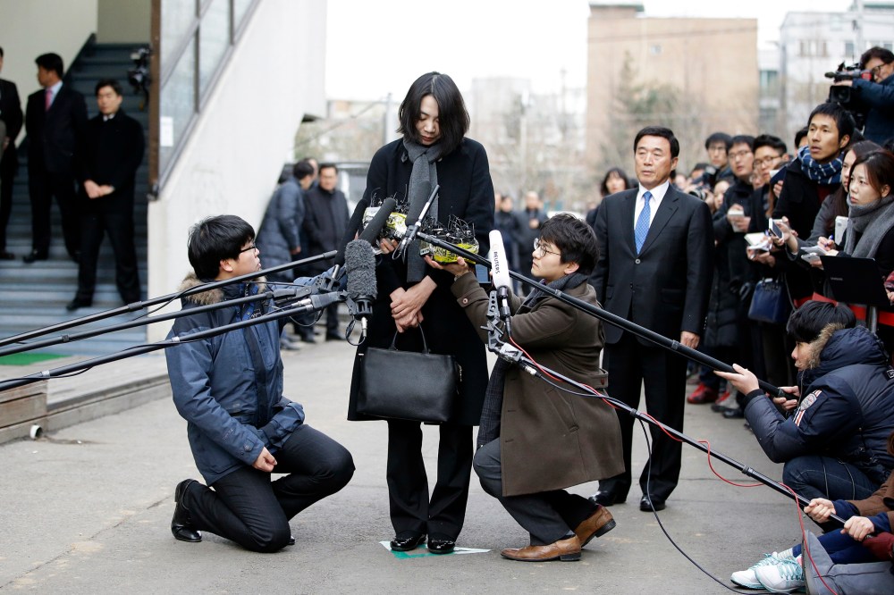 In this Dec. 12, 2014 photo, Cho Hyun-ah, who was head of cabin service at Korean Air and the oldest child of Korean Air chairman Cho Yang-ho, speaks to the media in Seoul, South Korea. (Photo by Lee Jin-man/AP)