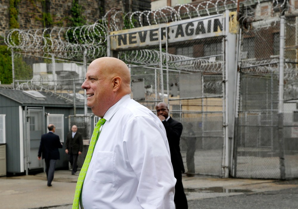 Maryland Gov. Larry Hogan arrives at Baltimore City Detention Center, July 30, 2015, to announce his plan to immediately shut down the jail. (Photo by Patrick Semansky/AP)