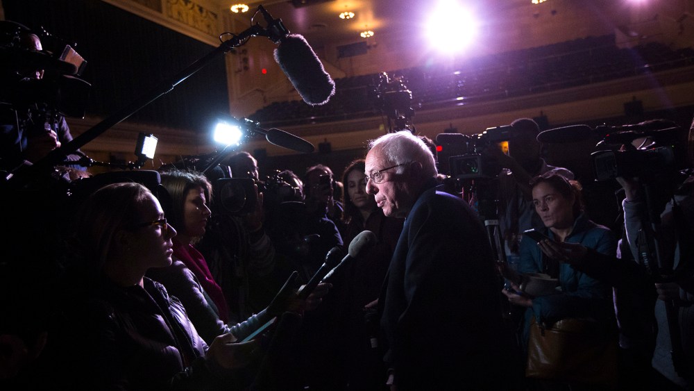 Democratic presidential candidate Sen. Bernie Sanders, I-Vt., speaks to the media during a campaign stop at The Colonial Theatre, Feb. 2, 2016, in Keene, N.H. (Photo by John Minchillo/AP)