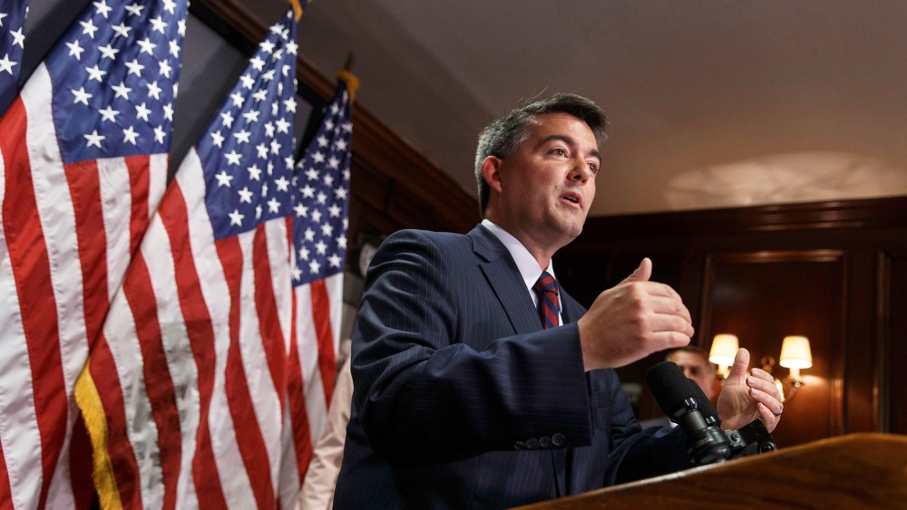 Rep. Cory Gardner, R-Colo., who is challenging Sen. Mark Udall, D-Colo., for his Senate seat, speaks to reporters after meeting with the House Republican caucus on Capitol Hill in Washington, D.C., on June 24, 2014.