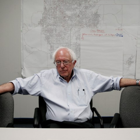 Sen. Bernie Sanders, I-Vt., speaks with reporters after a town hall meeting at the Culinary Workers Union, March 31, 2015, in Las Vegas. (Photo by John Locher/AP)