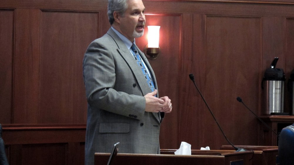 Alaska State Sen. Pete Kelly, R-Fairbanks, speaks on the floor of the Alaska Senate on Feb. 7, 2014, in Juneau, Alaska.