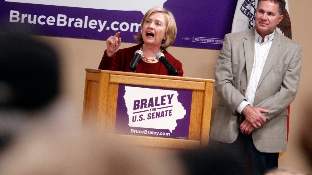 Former Secretary of State Hillary Rodham Clinton speaks at an event to support Rep. Bruce Braley in his senatorial race, Oct. 29, 2014, in Cedar Rapids, Iowa. (Matthew Holst/AP)