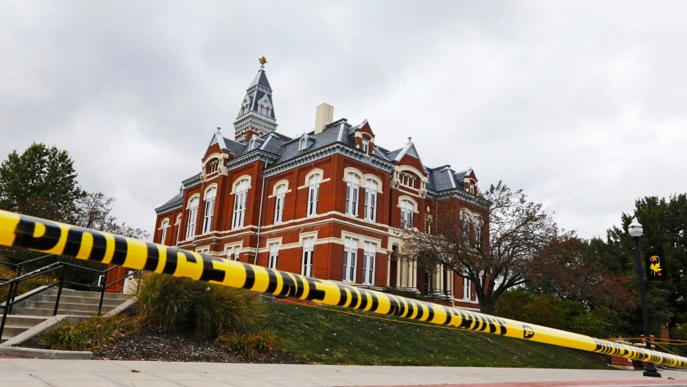 Police lines are established outside the Nodaway County Court House in preparation for a "Justice for Daisy" rally in Maryville, Mo., Tuesday, Oct. 22, 2013.