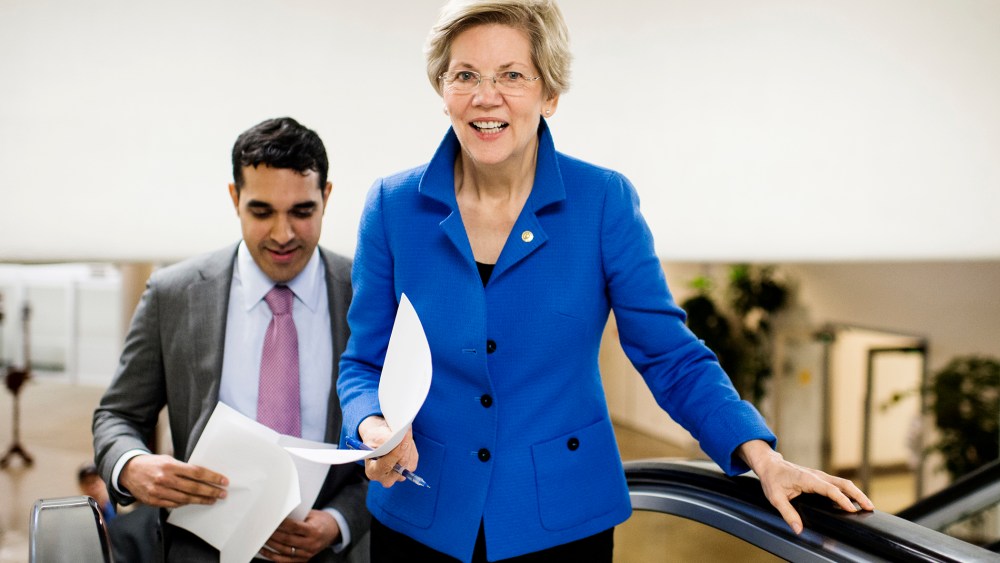 Sen. Elizabeth Warren, D-Mass., makes her way to the Senate floor for a vote in the Capitol on Jan. 8, 2015.