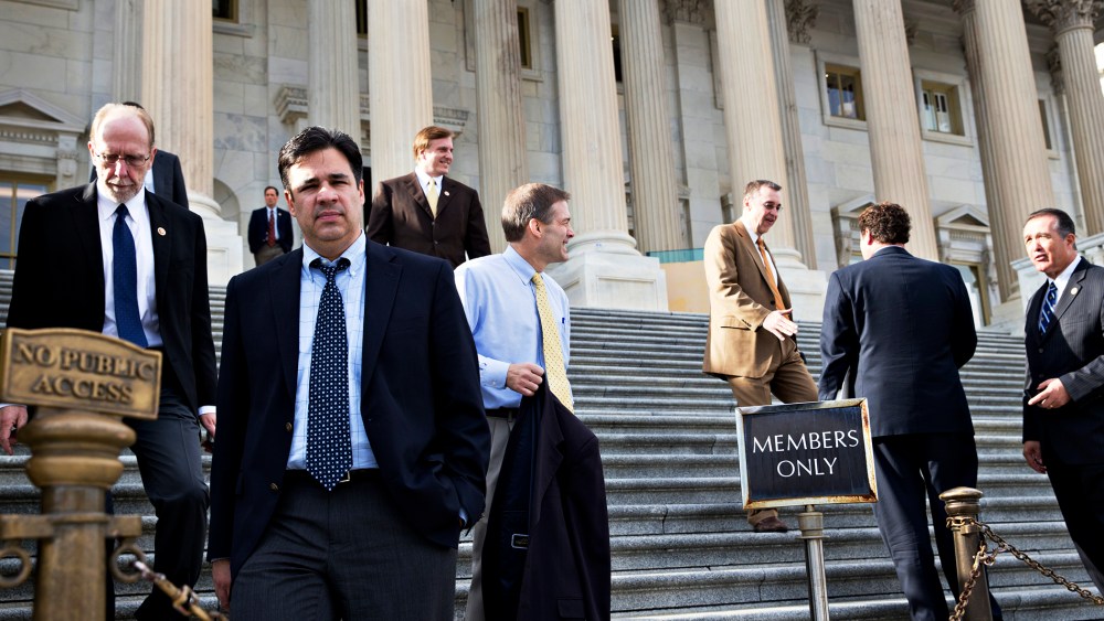 Members of the House of Representatives leave after a vote to let insurance companies sell individual health coverage, Nov. 15, 2013.