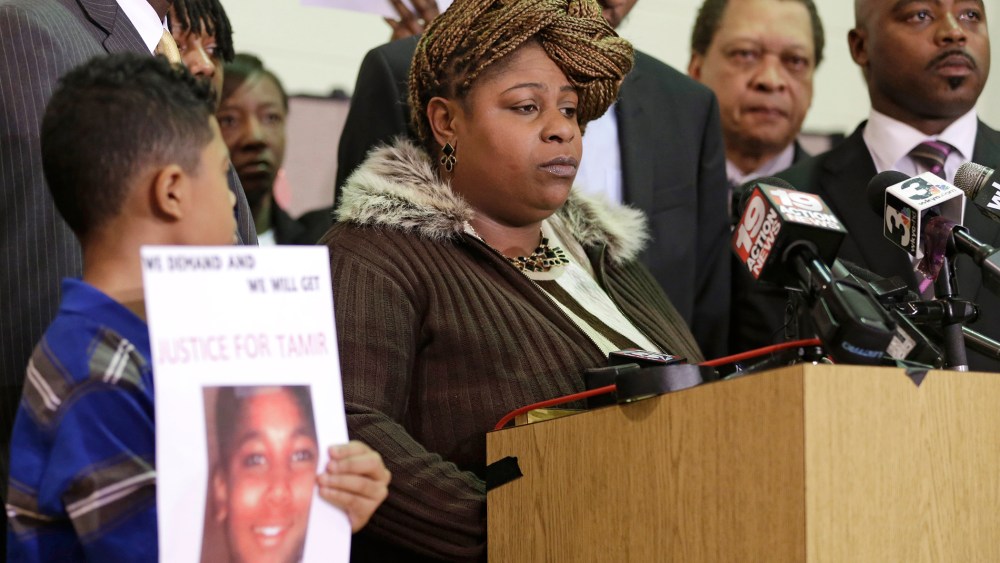Samaria Rice, the mother of Tamir, a 12-year-old boy fatally shot by a Cleveland police officer, speaks during a news conference, Dec. 8, 2014, in Cleveland. (Photo by Tony Dejak/AP)
