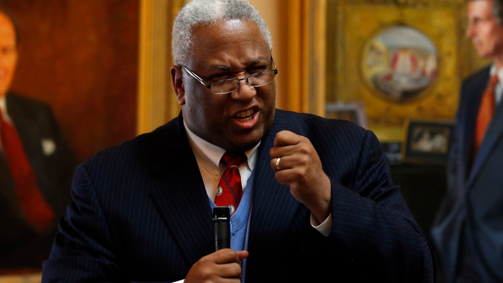 Sen. A. Donald McEachin, D-Henrico, angrily accused the Republican members of the Senate of "plantation politics"  Tuesday Jan. 22, 2013 in Richmond, Va., regarding the vote Monday on a redistricting plan passed in the Senate in Richmond. (AP Photo...