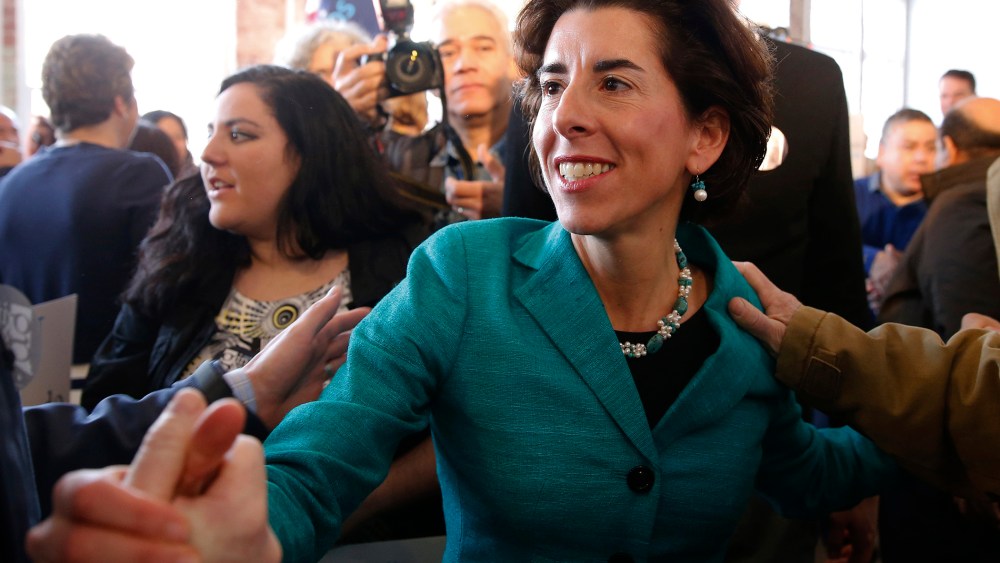 General Treasurer of Rhode Island Gina Raimondo greets supporters after announcing her run for the Democratic nomination for governor, Jan. 13, 2014, in Pawtucket, R.I.