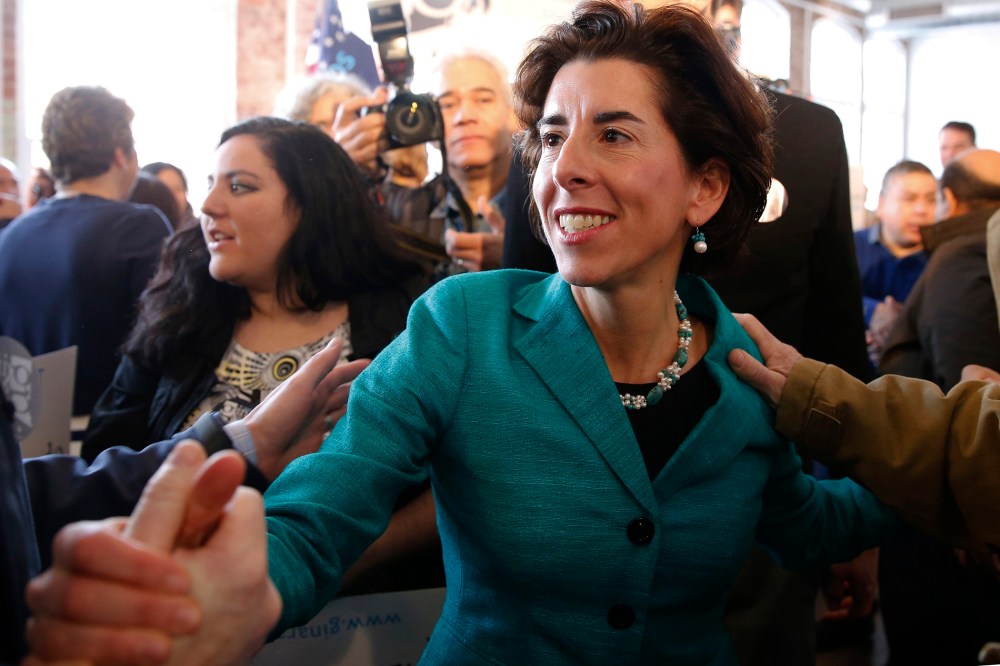 General Treasurer of Rhode Island Gina Raimondo greets supporters after announcing her run for the Democratic nomination for governor, Jan. 13, 2014, in Pawtucket, R.I.