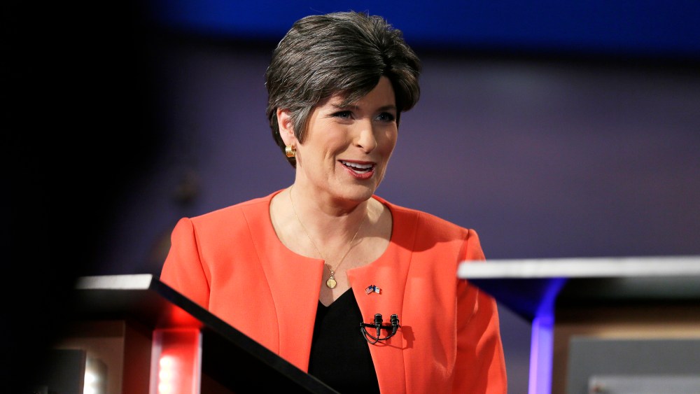 Iowa Republican senatorial candidate State Sen. Joni Ernst looks on before a live televised debate at Iowa Public Television studios, April 24, 2014.