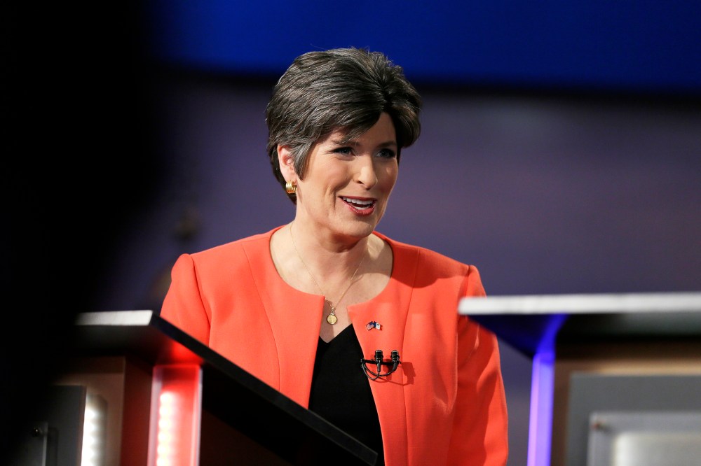 Iowa Republican senatorial candidate State Sen. Joni Ernst looks on before a live televised debate at Iowa Public Television studios, April 24, 2014.