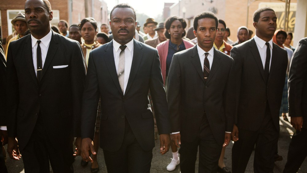 A photo released by Paramount Pictures shows, from left, foreground: Colman Domingo as Ralph Abernathy, David Oyelowo as Dr. Martin Luther King, Jr., Andre Holland as Andrew Young, and Stephan James as John Lewis in a scene from the film, "Selma."