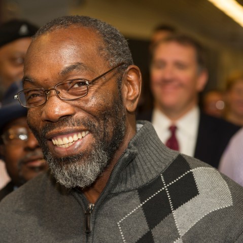 Ricky Jackson, 57, of Cleveland, smiles as he speaks with reporters, after being released from a life sentence an hour earlier on Nov. 20, 2014 in Cleveland. (Photo by Phil Long/AP)