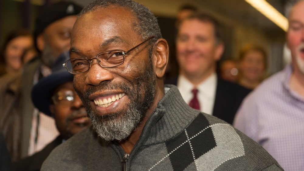 Ricky Jackson, 57, of Cleveland, smiles as he speaks with reporters, after being released from a life sentence an hour earlier on Nov. 20, 2014 in Cleveland. (Photo by Phil Long/AP)
