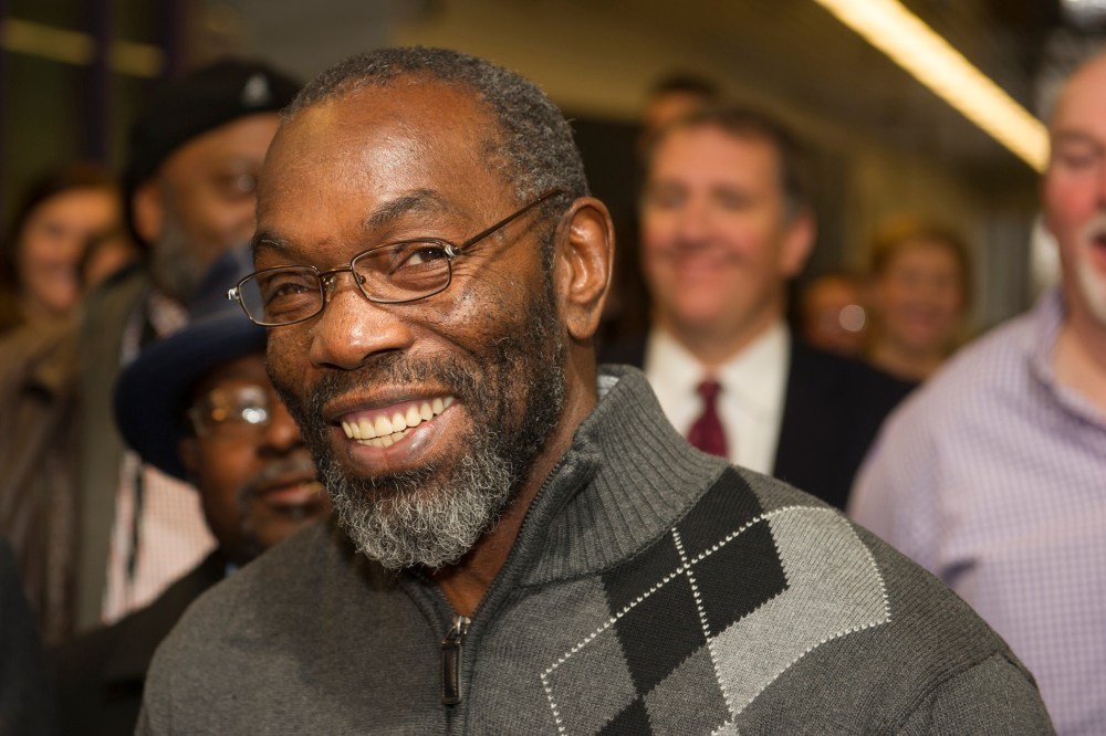 Ricky Jackson, 57, of Cleveland, smiles as he speaks with reporters, after being released from a life sentence an hour earlier on Nov. 20, 2014 in Cleveland. (Photo by Phil Long/AP)
