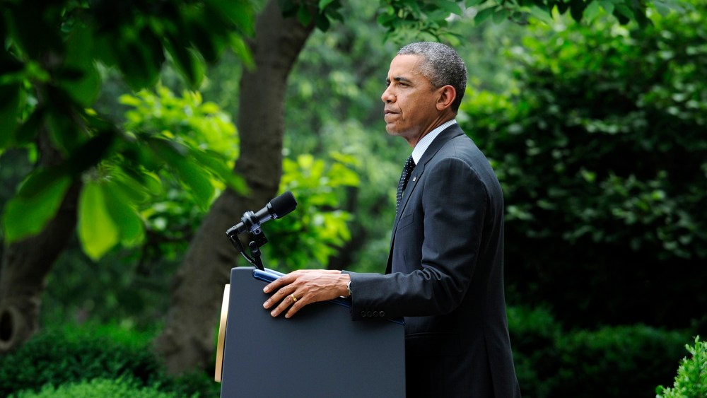 President Barack Obama pauses while speaking about the future of US troops in Afghanistan, May 27, 2014, in the Rose Garden of the White House in Washington, D.C.