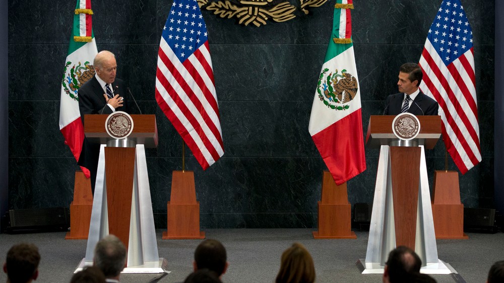 Vice President Joe Biden tells Mexican President Enrique Pena Nieto that U.S. campaign rhetoric about Mexico and immigrants does not represent the view of most Americans, in Mexico City, Feb. 25, 2016. (Photo by Rebecca Blackwell/AP)