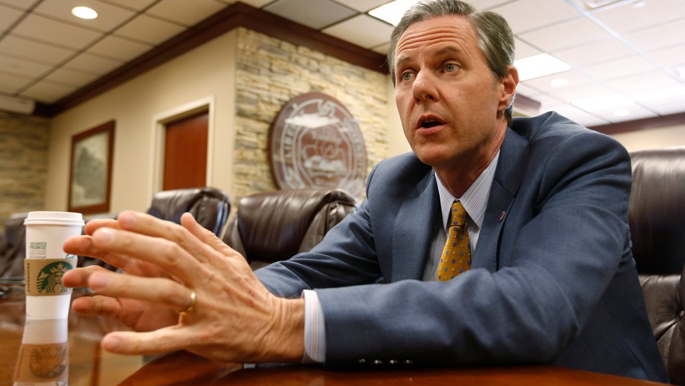 Liberty University president, Jerry Falwell Jr., gestures during an interview at the school in Lynchburg, Va., April 21, 2015. (Photo by Steve Helber/AP)