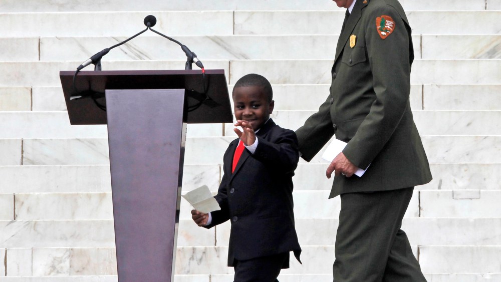 Robby Novak, also known as Kid President, takes the stage for the 50th Anniversary of the March on Washington, Aug. 28, 2013, in front of the Lincoln Memorial in Washington.