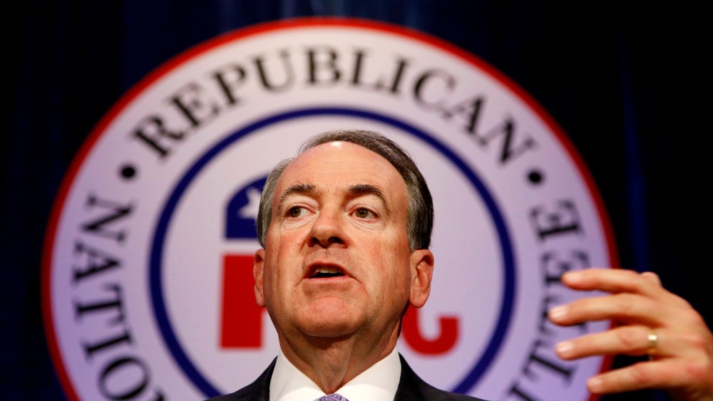 Republican presidential candidate and former Arkansas Gov. Mike Huckabee speaks at the Republican National Committee spring meeting luncheon, May 15, 2015, in Scottsdale, Ariz. (Photo by Ross D. Franklin/AP)