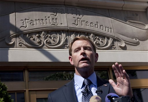 Family Research Council President Tony Perkins gestures during a news conference to discuss Wednesday's shooting, Thursday, Aug. 16, 2012, in Washington. (AP Photo/J. Scott Applewhite)