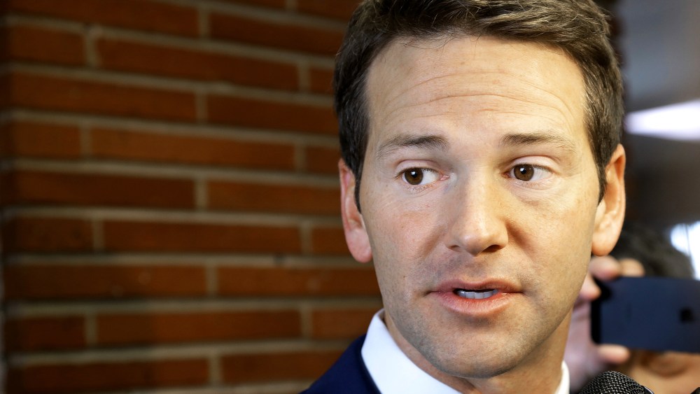In this Feb. 6, 2015 file photo, Rep. Aaron Schock, R-Ill. speaks to reporters in Peoria Ill. (Photo by Seth Perlman/AP)