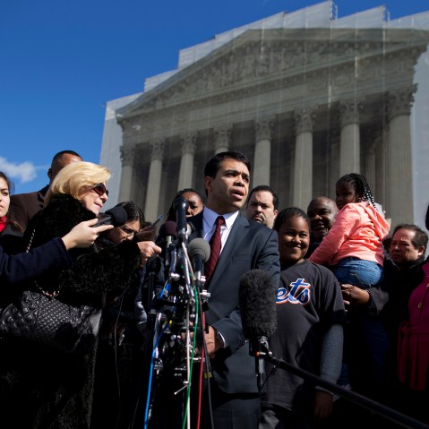 Debo Adegbile, special counsel, NAACP Legal Defense Fund, speaks with reporters outside the Supreme Court in Washington, D.C. on Feb. 27, 2013, after arguments in the Shelby County, Ala., v. Holder voting rights case.