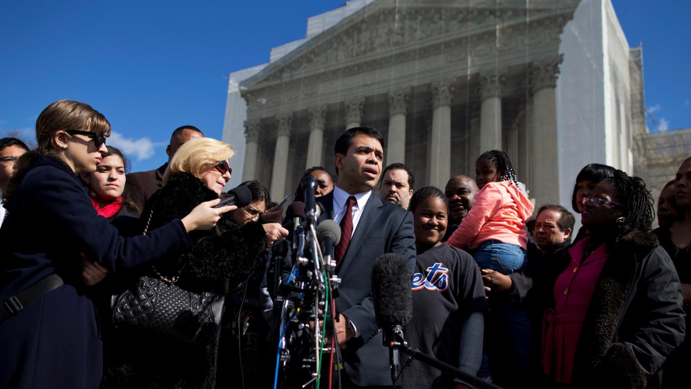 Debo Adegbile, special counsel, NAACP Legal Defense Fund, speaks with reporters outside the Supreme Court in Washington, D.C. on Feb. 27, 2013, after arguments in the Shelby County, Ala., v. Holder voting rights case.