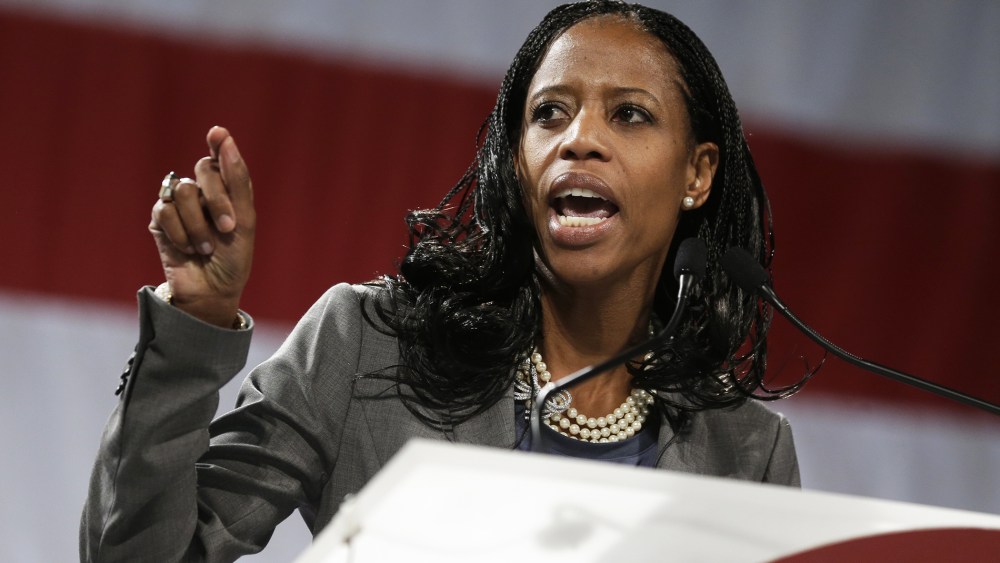 Republican congressional candidate Mia Love speaks during the Utah Republican Party nominating convention, April 26, 2014, in Sandy, Utah.
