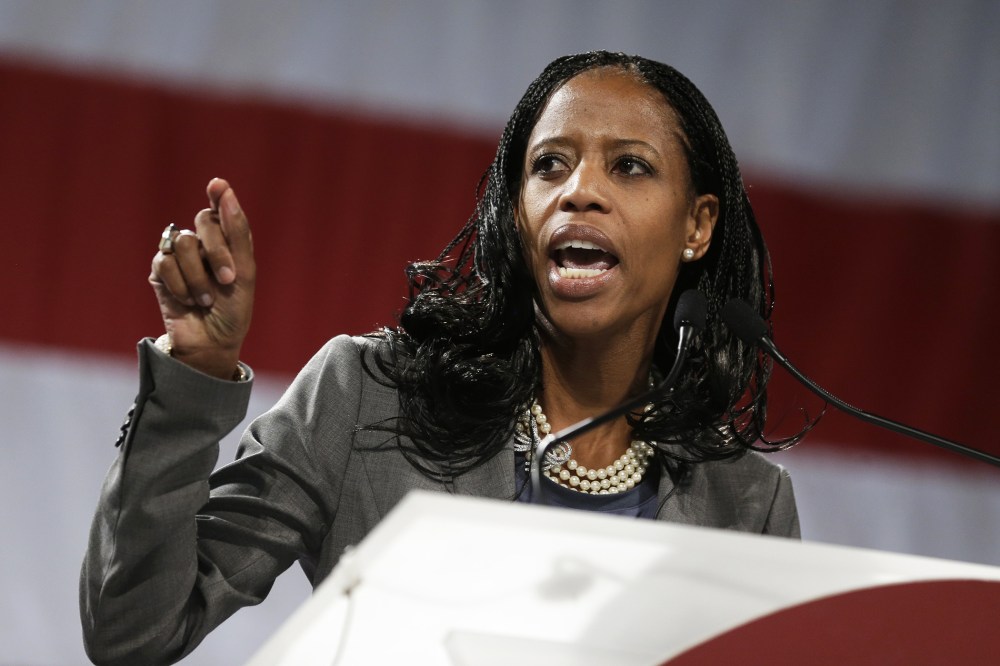 Republican congressional candidate Mia Love speaks during the Utah Republican Party nominating convention, April 26, 2014, in Sandy, Utah.